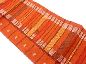 リサイクル　手織り真綿紬横段に縞模様織出し名古屋帯